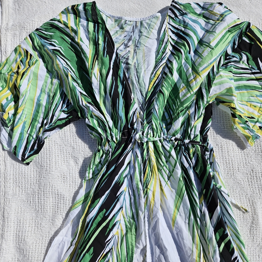 Hadley Wren Tie Front Maxi Beach Kimono Pool Side Beach Palm Leaf 100% Polyester